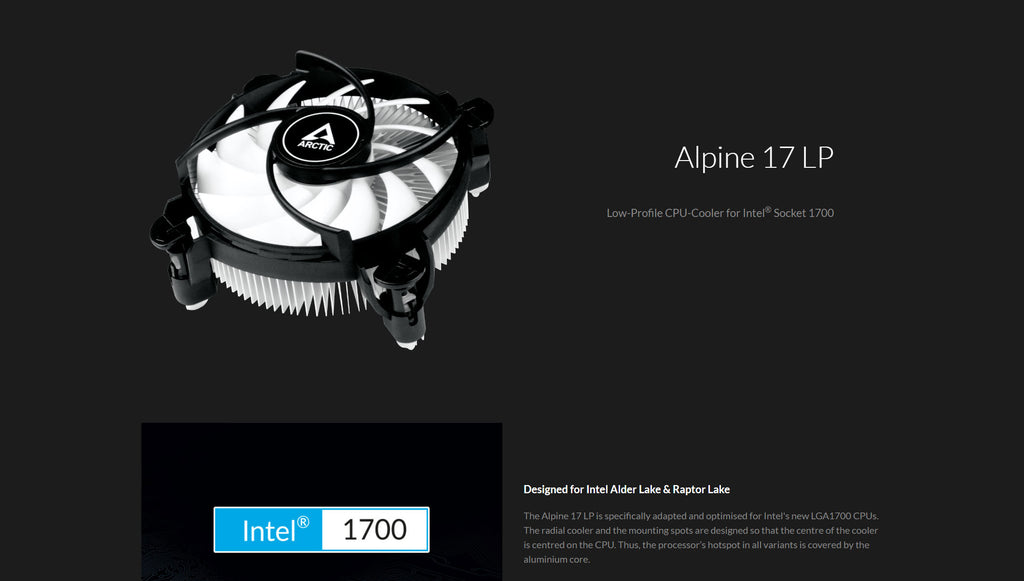 Arctic Alpine 17 Low Profile Intel Socket 1700 CPU Cooler   Model: ACALP00042A Description