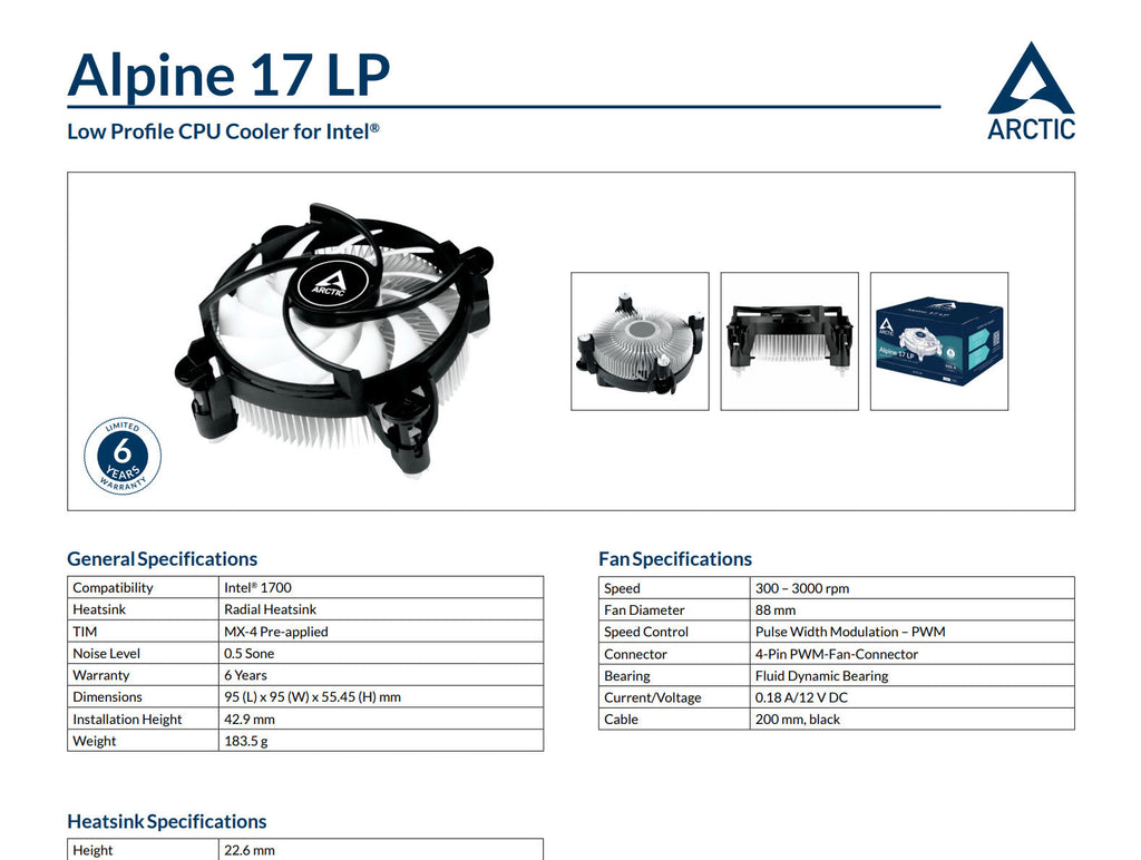 Arctic Alpine 17 Low Profile Intel Socket 1700 CPU Cooler   Model: ACALP00042A Specification