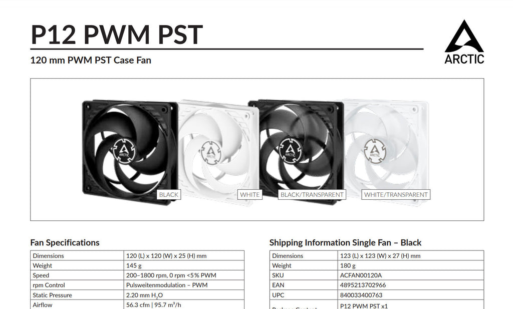 Arctic P12 PWM PST 120mm 4Pin Case Fan Black Color  model: ACFAN00120A Specification