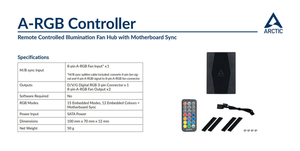 Arctic A-RGB Controller with RF Remote Control Model: ACFAN00180A Specification