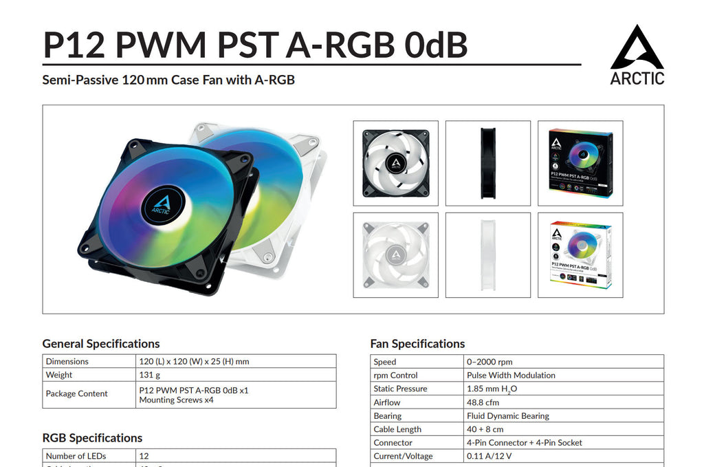 Arctic P12 PWM PST ARGB 120mm 4Pin Case Fan White Color (3pcs Value Pack) model: ACFAN00258A Specification