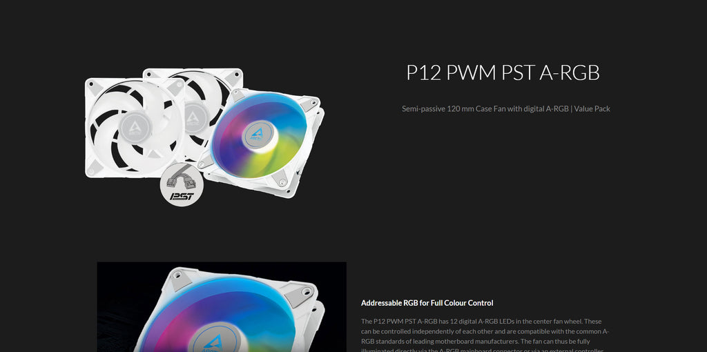 Arctic P12 PWM PST ARGB 120mm 4Pin Case Fan White Color (3pcs Value Pack) model: ACFAN00258A Description