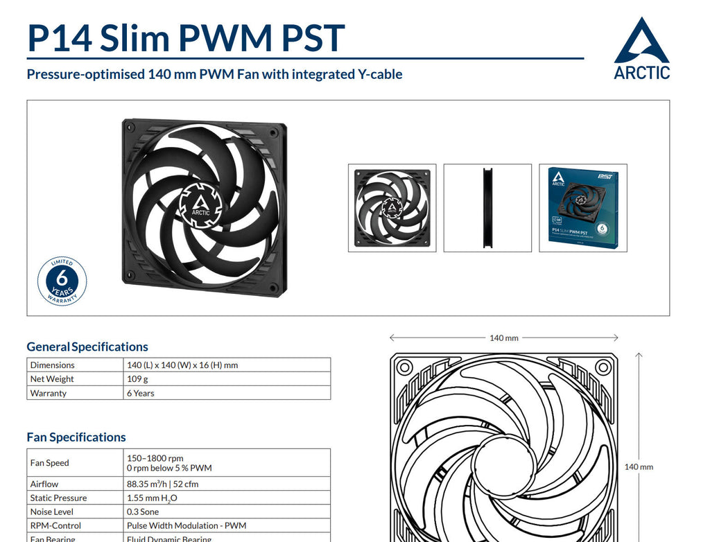 Arctic P14 Slim PWM PST 140mm 4Pin Slim Case Fan Black Color Model: ACFAN00268A Specification