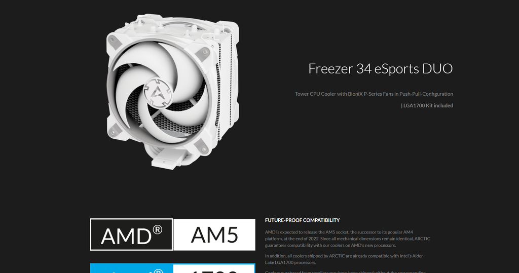 Arctic Freezer 34 eSport DUO Intel/AMD CPU Cooler Grey/White  Model: ACFRE00074A Description