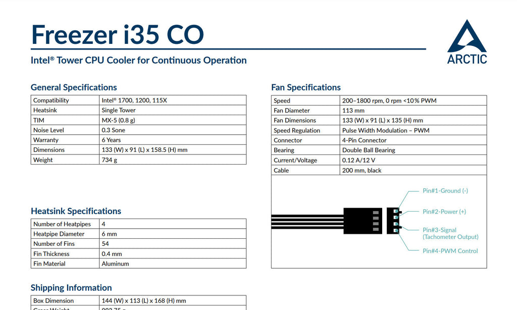 Arctic Freezer i35 CO DUO Intel CPU Cooler   Model: ACFRE00095A Specification