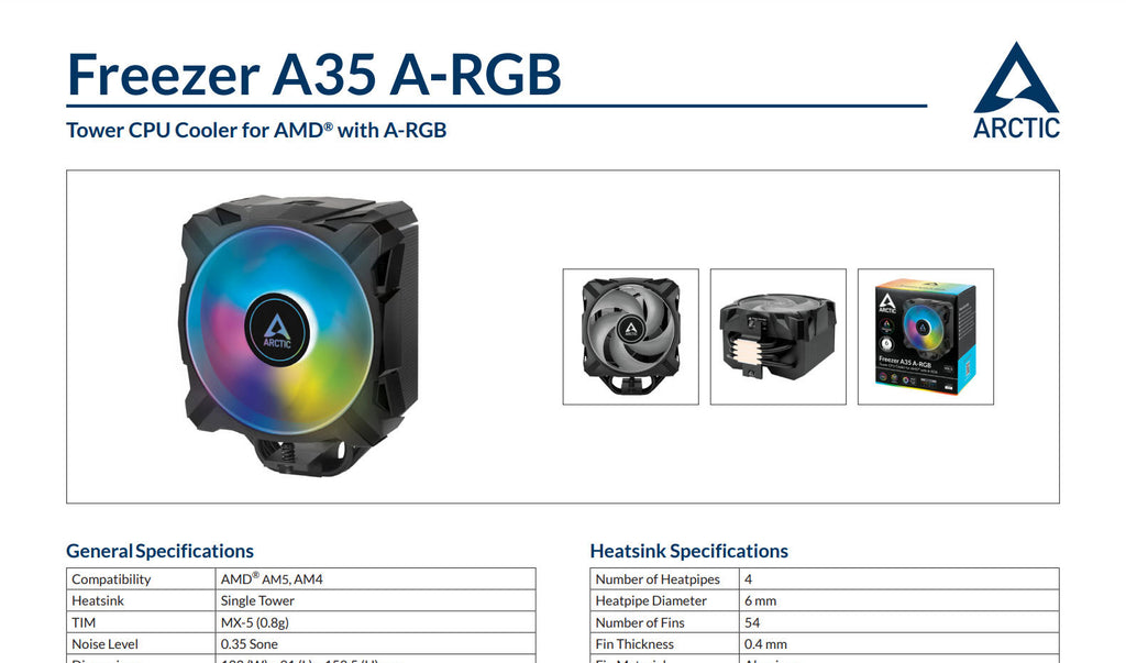 Arctic Freezer A35 ARGB AMD CPU Cooler   Model: ACFRE00115A Specification