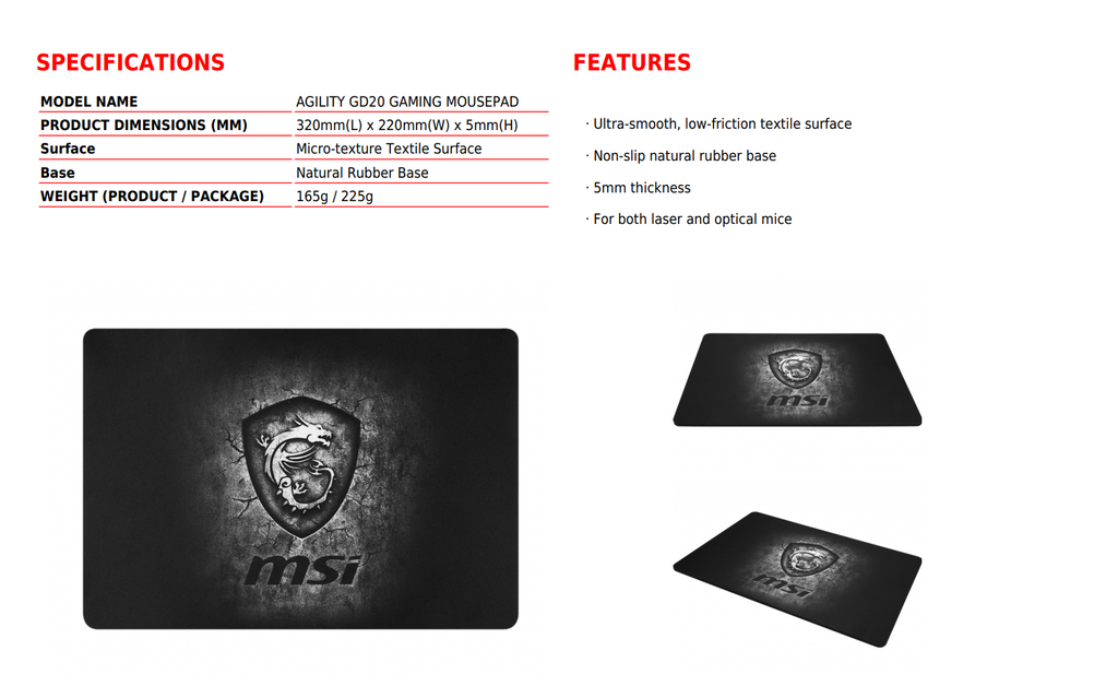 MSI Agility GD20 Gaming Mouse Pad Specification