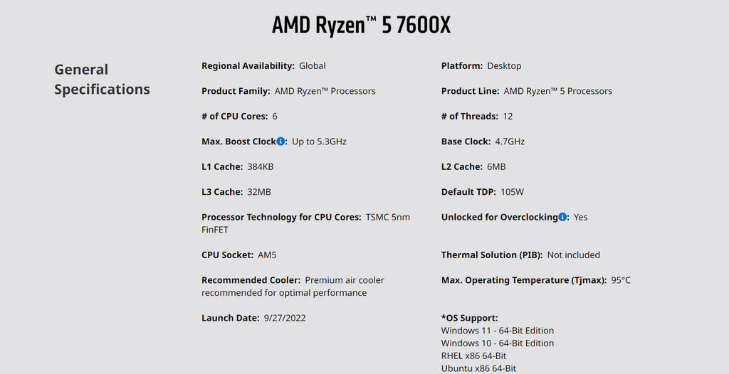 AMD RYZEN™ 5 7600X 6 Core 4.7GHz AM5 Desktop CPU  Model: 100-100000593WOF Specification