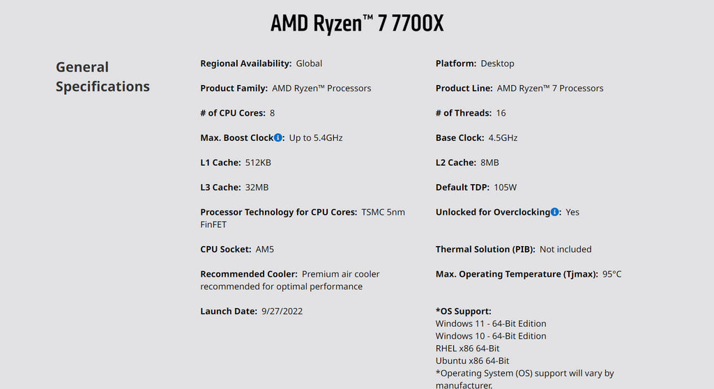 AMD RYZEN™ 7 7700X 8 Core 4.5GHz AM5 Desktop CPU  Model: 100-100000591WOF Specification