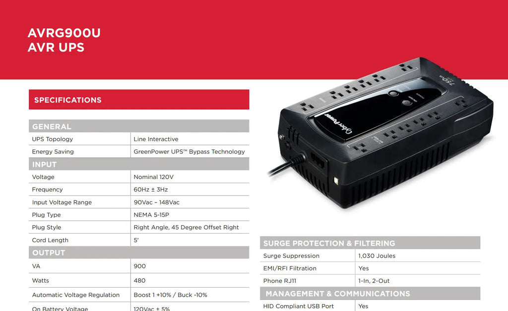 CyberPower 900VA 480W Compact UPS System Model: AVRG900U Specification