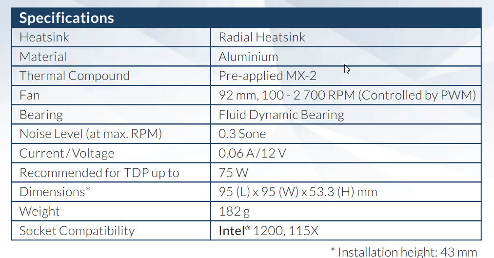 Arctic Alpine 12 LP Intel Low Profile CPU Cooler Model: ACALP00029A Specification