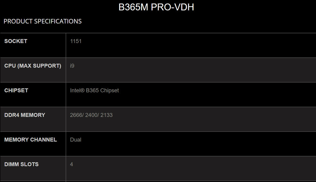 MSI PRO B365M PRO-VDH Specification