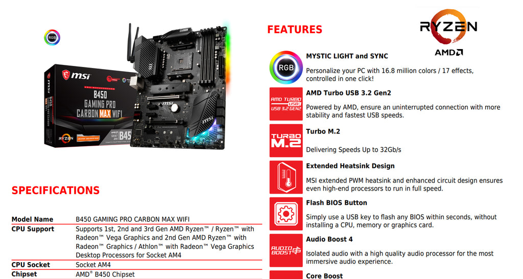 MSI B450 GAMING PRO CARBON MAX WIFI AMD Socket AM4 ATX Motherboard Specification