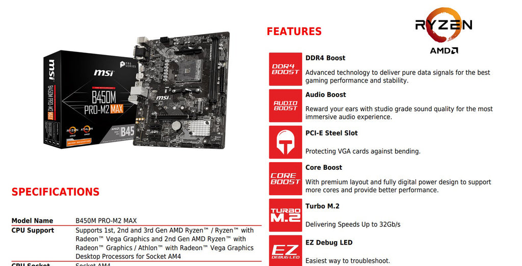 MSI B450M PRO-M2 MAX AMD Socket AM4 Micro-ATX Motherboard Specification