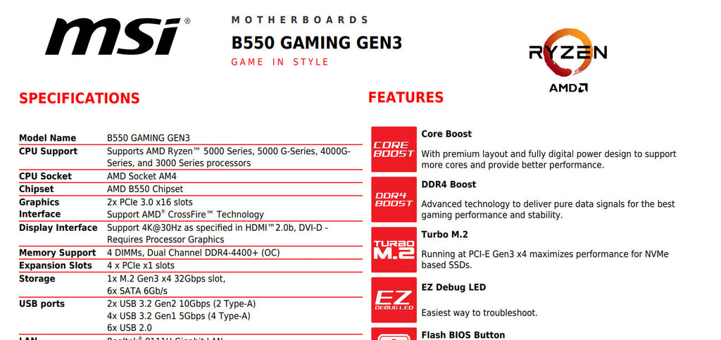 MSI B550 GAMING GEN3 AMD AM4 ATX Gaming Motherboard Specification