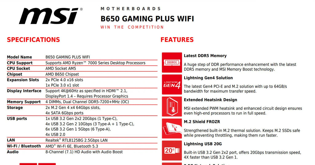 MSI B650 GAMING PLUS WIFI DDR5 AMD AM5 ATX Motherboard Specification