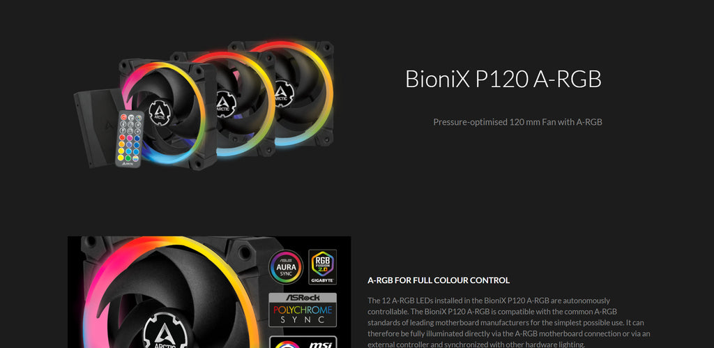 Arctic BioniX P120 ARGB PWM PST 120mm 4Pin Gaming Case Fan Value Pack 3x Fans + Controller Black Color Description