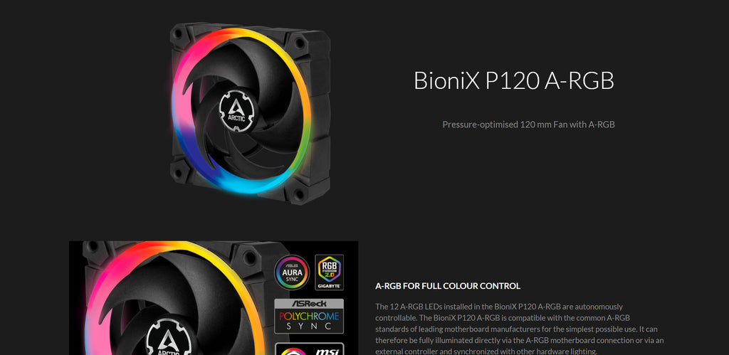 Arctic BioniX P120 ARGB PWM PST 120mm 4Pin Gaming Case Fan Single Pack Black Color Description