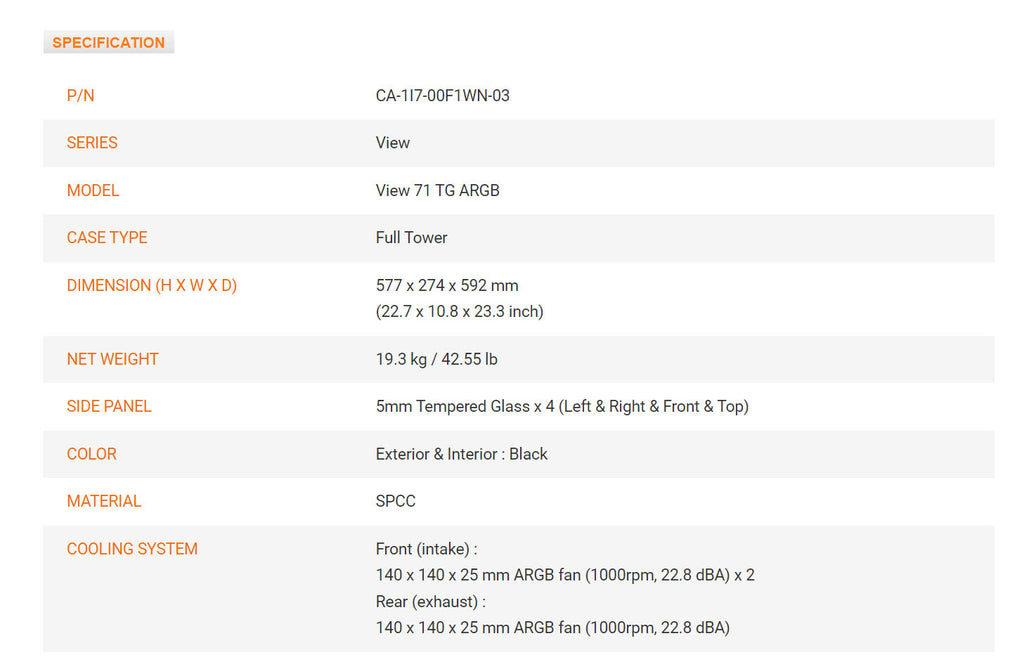 Thermaltake View 71 Tempered Glass ARGB Edition Full Tower Chassis Model: CA-1I7-00F1WN-03 Specification