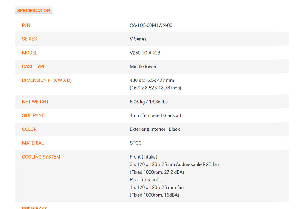 Thermaltake V250 Tempered Glass ARGB ATX Chassis Model: CA-1Q5-00M1WN-00 Specification