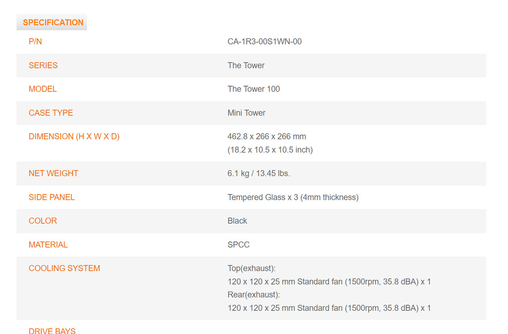 Thermaltake The Tower 100 Mini-ITX Computer Case Model: CA-1R3-00S1WN-00 Specification