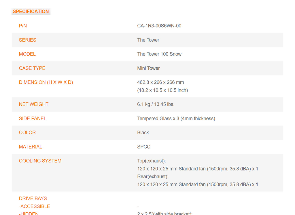 Thermaltake The Tower 100 Mini-ITX Computer Case White Color Model: CA-1R3-00S6WN-00 Specification