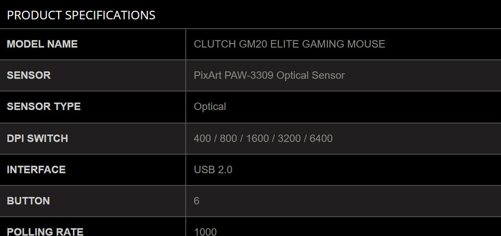 MSI CLUTCH GM20 Elite Gaming USB RGB Mouse Specification