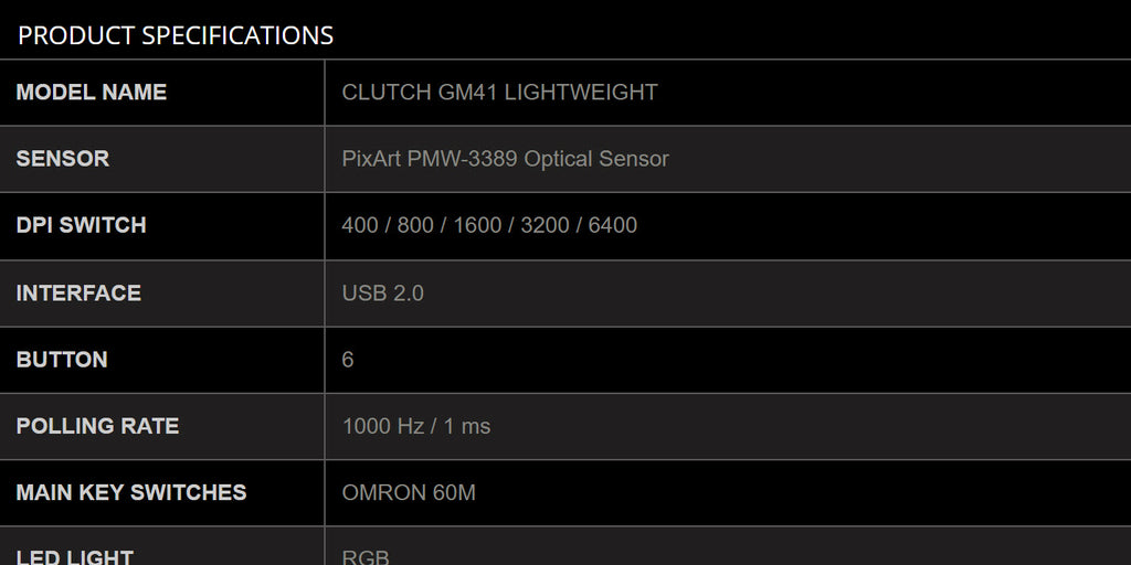 MSI CLUTCH GM41 Lightweight Gaming USB RGB Mouse Specification