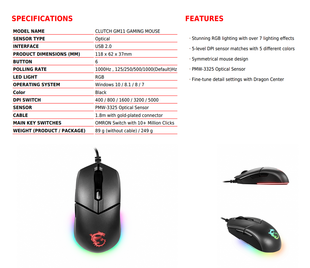 MSI CLUTCH GM11 RGB Gaming Mouse Specification