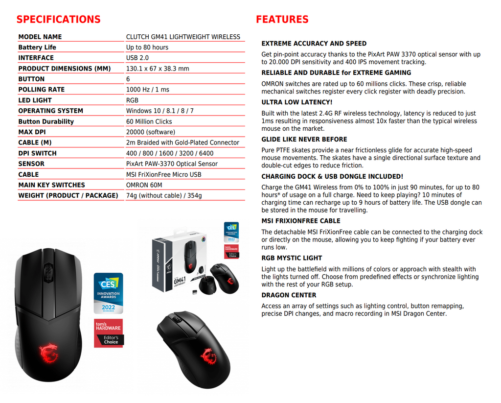 MSI CLUTCH GM41 LIGHTWEIGHT WIRELESS Gaming Mouse Specification