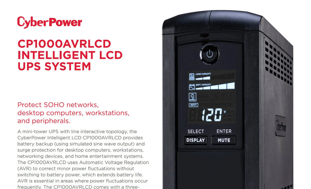 CyberPower 1000VA 600W AVR Intelligent LCD UPS System Model: CP1000AVRLCD Description