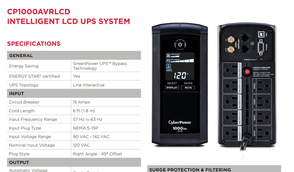 CyberPower 1000VA 600W AVR Intelligent LCD UPS System Model: CP1000AVRLCD Specificaiton