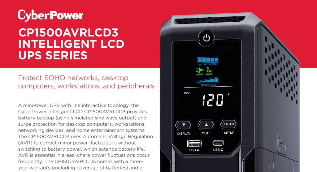 CyberPower 1500VA 900W AVR Intelligent LCD UPS System Model: CP1500AVRLCD3 Description