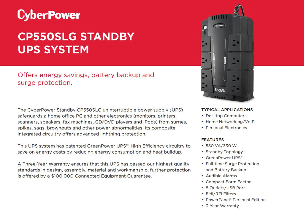 CyberPower 550VA 330W Compact UPS System Model: CP550SLG Description