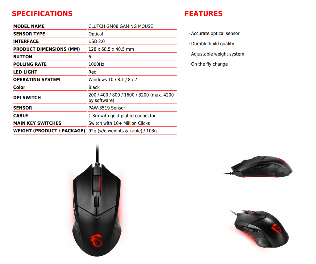 MSI CLUTCH GM08 Weight Adjustable Gaming Mouse Specification