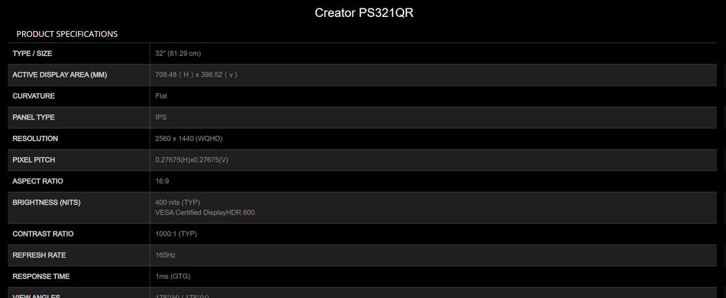 MSI Creator PS321QR 32" WQHD 165Hz 1440P Gaming Monitor Specification