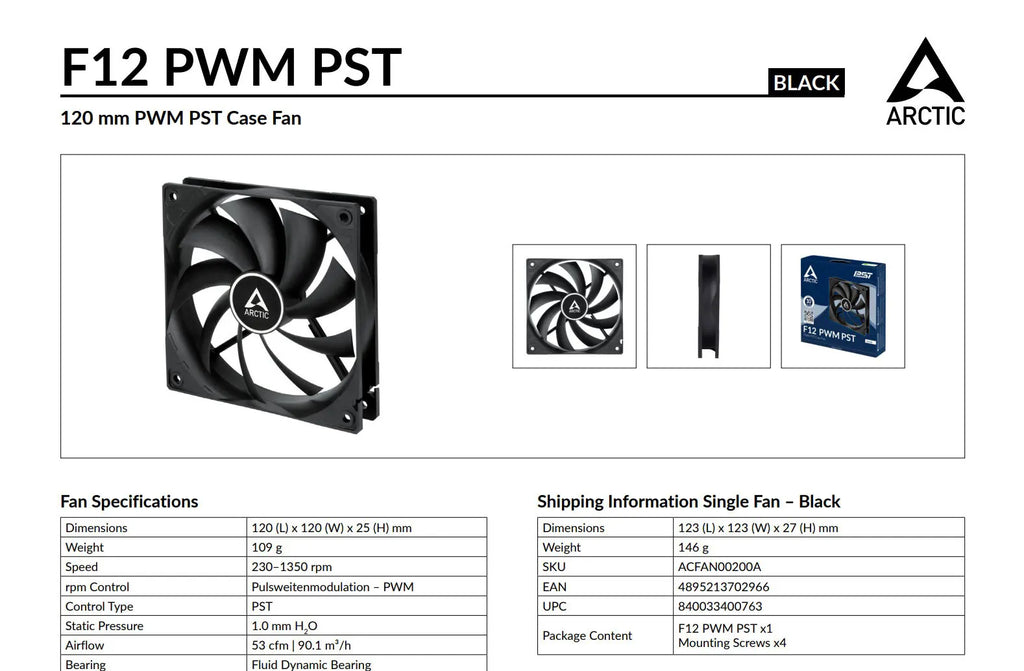 Arctic F12 PWM PST 120mm 4Pin Case Fan Specification