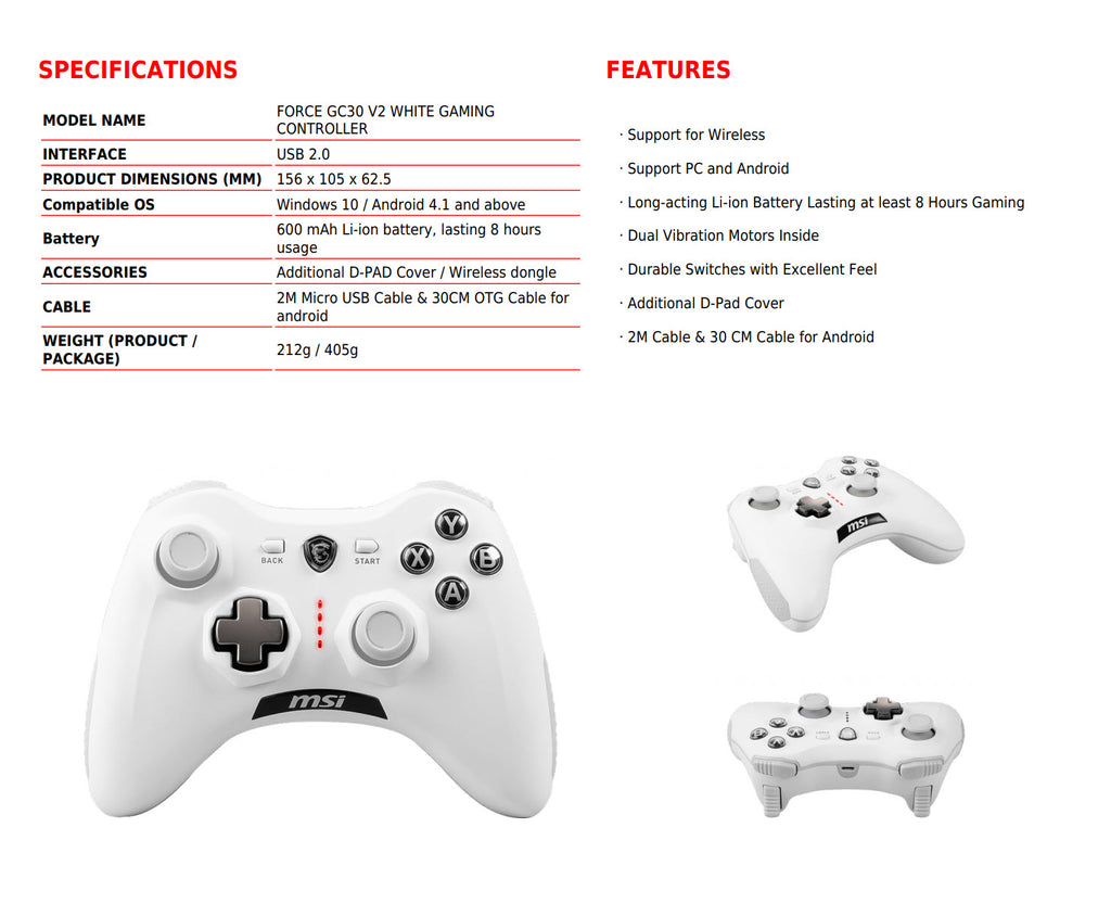 MSI FORCE GC30 V2 WHITE Gaming Controller Specification