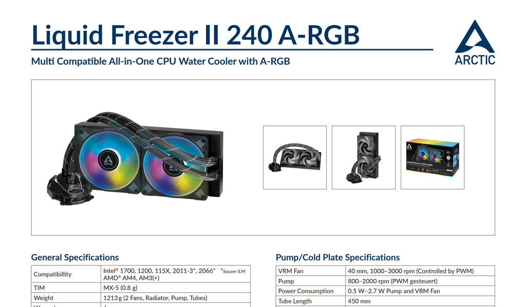 ARCTIC Liquid Freezer II 240 ARGB 240mm Liquid Cooler w/ ARGB Fans Model: ACFRE00093A Specification