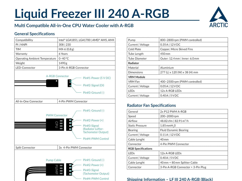 ARCTIC Liquid Freezer III 240 A-RGB 240mm Liquid Cooler w/ ARGB Fans Specification