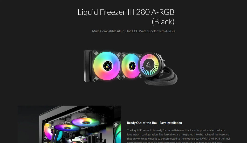 ARCTIC Liquid Freezer III 280 A-RGB 280mm Liquid Cooler w/ ARGB Fans Black Color Model: ACFRE00143A Description