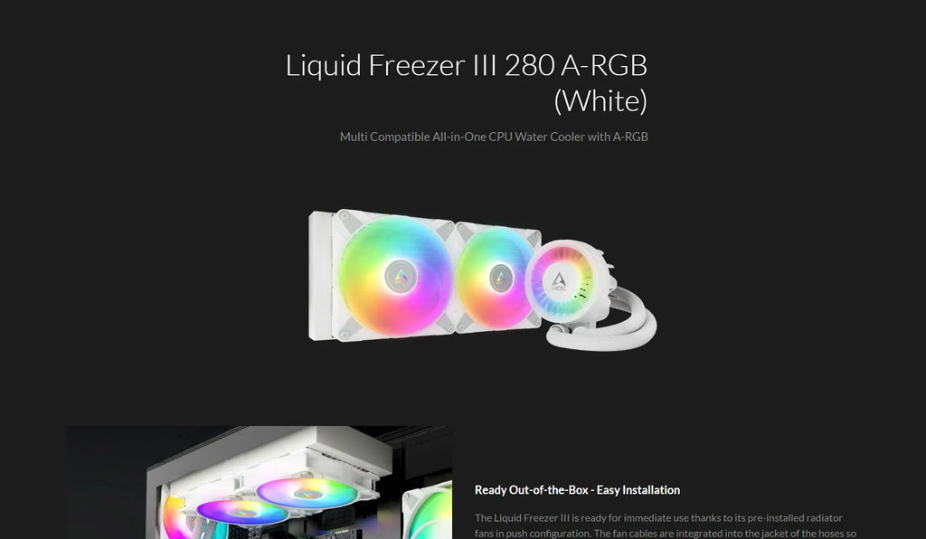 ARCTIC Liquid Freezer III 280 A-RGB 280mm Liquid Cooler w/ ARGB Fans White Color Model: ACFRE00151A Description