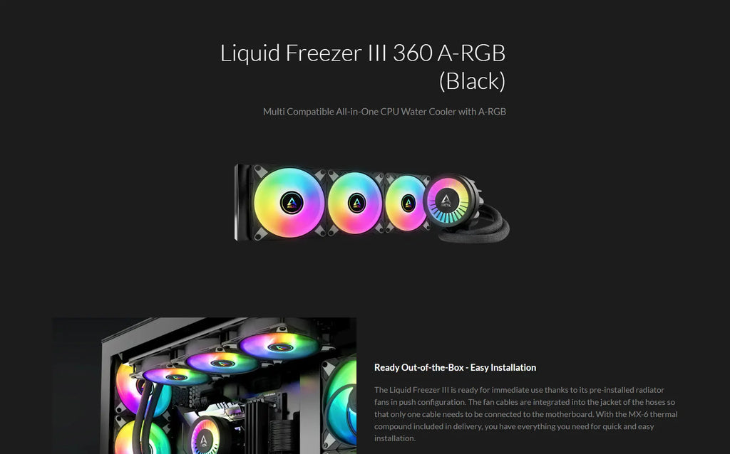 ARCTIC Liquid Freezer III 360 A-RGB 360mm Liquid Cooler w/ ARGB Fans Black Color Model: ACFRE00144A Description
