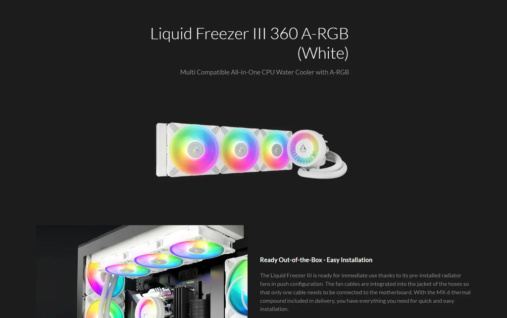 ARCTIC Liquid Freezer III 360 A-RGB 360mm Liquid Cooler w/ ARGB Fans White Color Model: ACFRE00152A Description