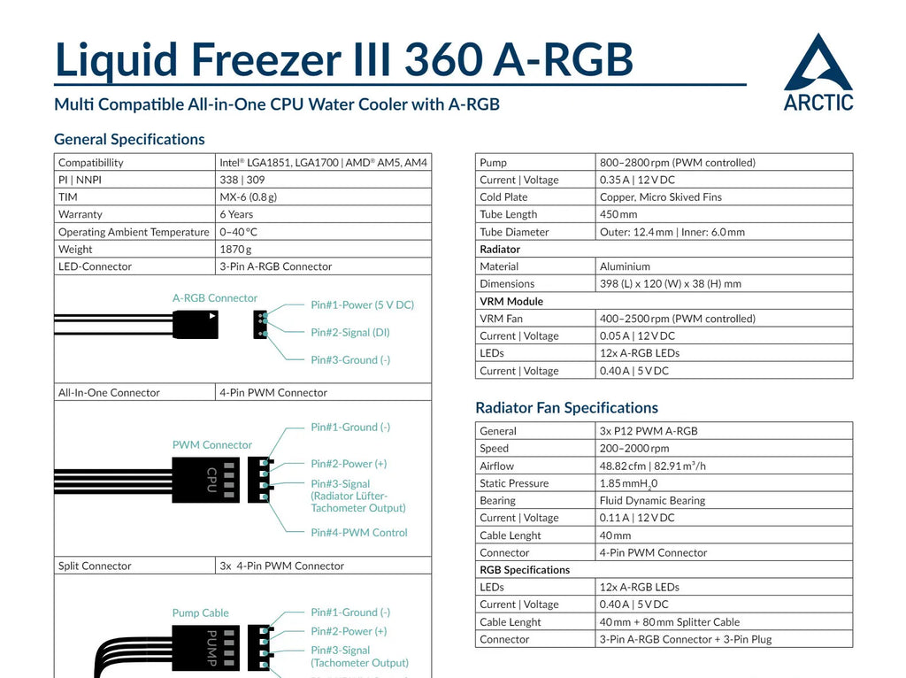 ARCTIC Liquid Freezer III 360 A-RGB 360mm Liquid Cooler w/ ARGB Fans Specification