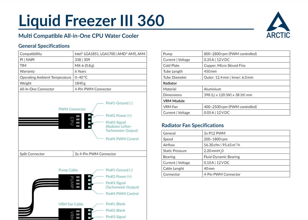 ARCTIC Liquid Freezer III 360 360mm Liquid Cooler Black Color Model: ACFRE00136A Specification