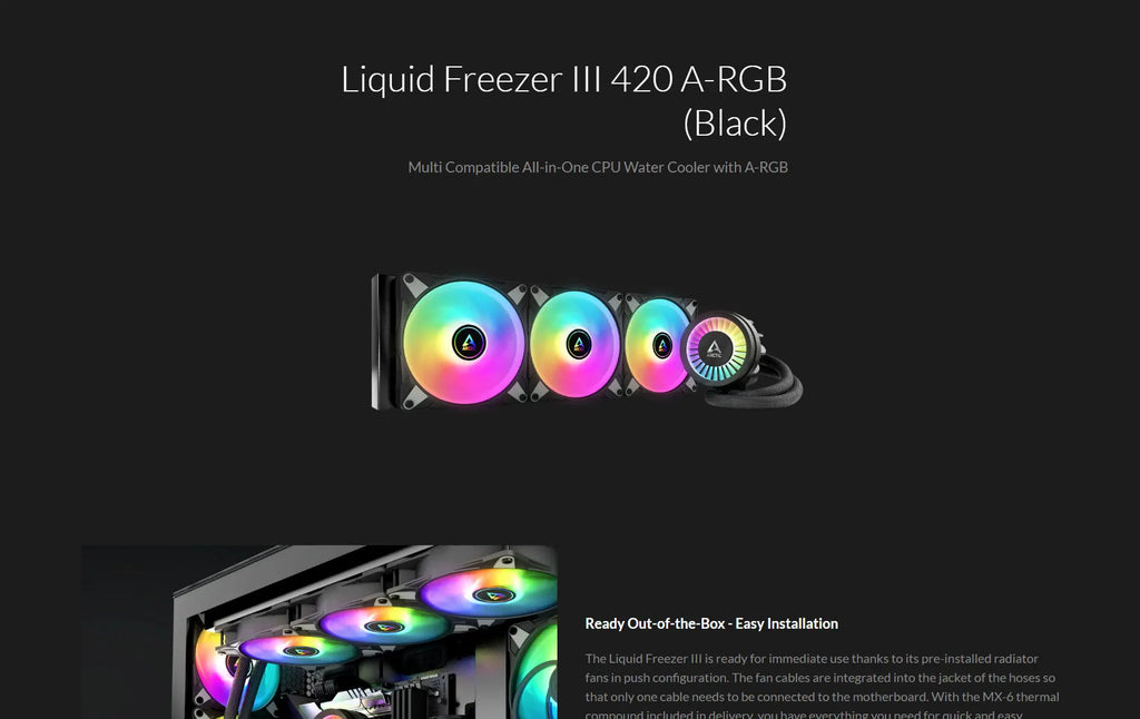 ARCTIC Liquid Freezer III 420 A-RGB 420mm Liquid Cooler w/ ARGB Fans Black Color Model: ACFRE00145A Description