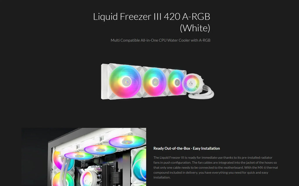 ARCTIC Liquid Freezer III 420 A-RGB 420mm Liquid Cooler w/ ARGB Fans White Color Model: ACFRE00153A Description