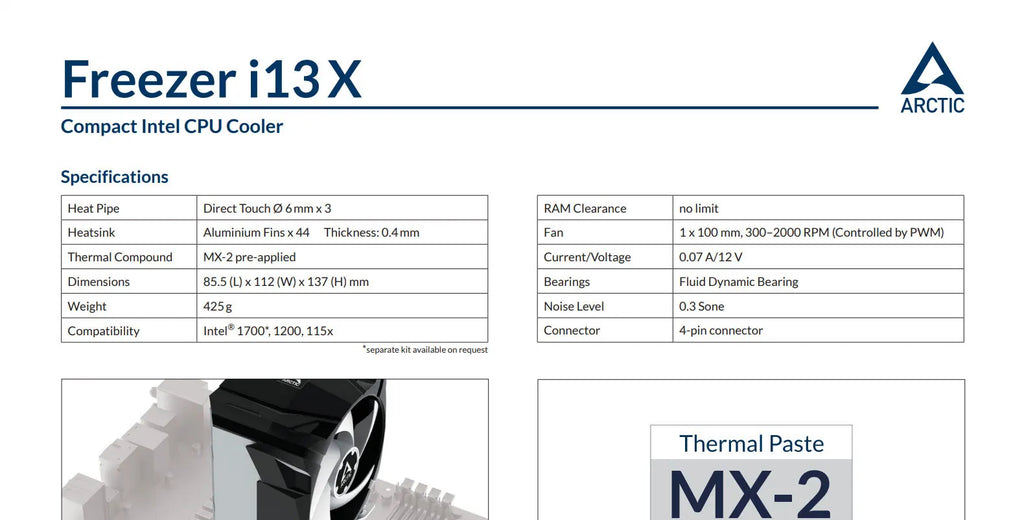 Arctic Freezer i13X Intel CPU Cooler Model: ACFRE00078A Specificaiton