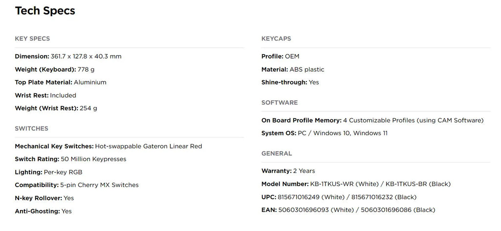 NZXT Function Tenkeyless Mechanical Keyboard Specification